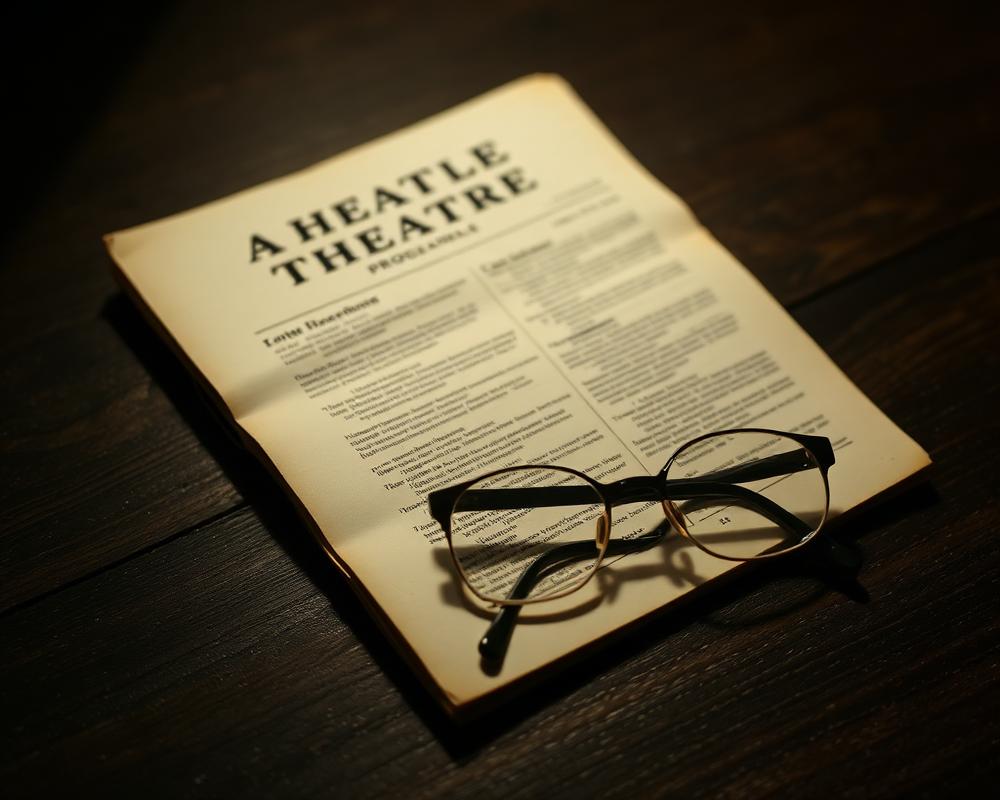 Ein abgegriffenes Theaterprogramm und eine Lesebrille auf einem dunklen Tisch