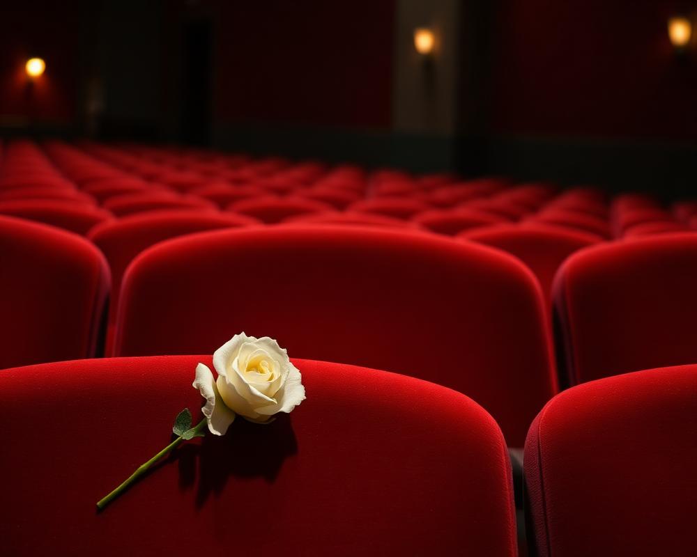 Eine einzelne weiße Rose auf dem roten Samt der Theatersitze